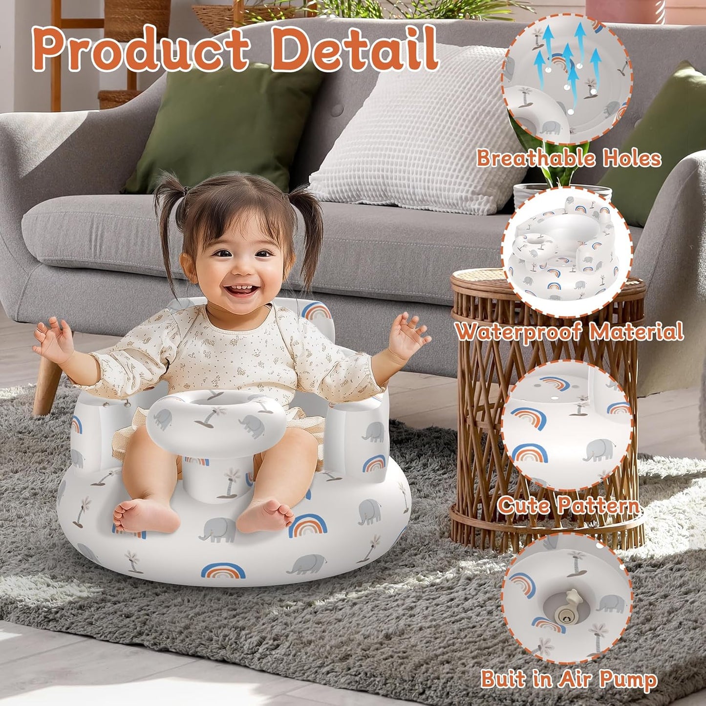 Inflatable Baby Floor Seat for Ages 3 Months and Up, Foldable Design with Integrated Air Pump, Portable and Adorned with Charming Patterns.