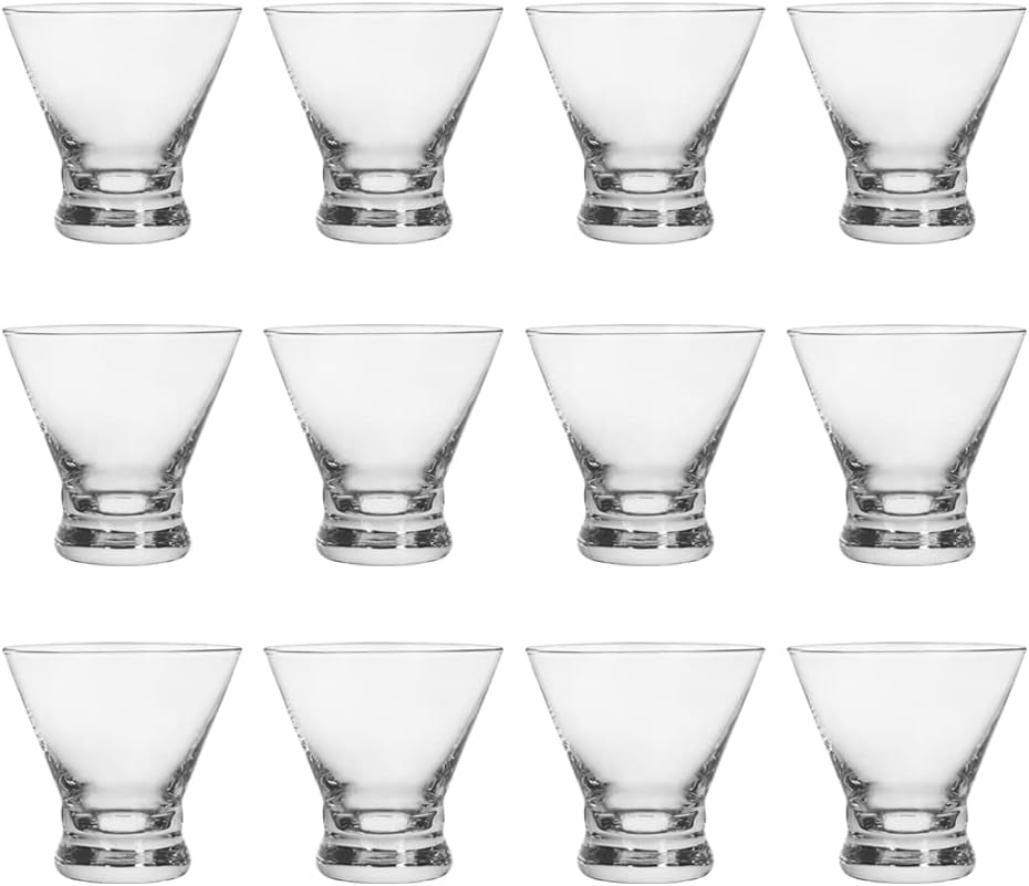 Set of 12 Martini Glasses - 8-Ounce Cinched Design Cocktail Glasses with Heavy Base, Stemless Construction for Stability - Sturdy and Elegant Bar Glasses (Glass, Clear12Pcs)