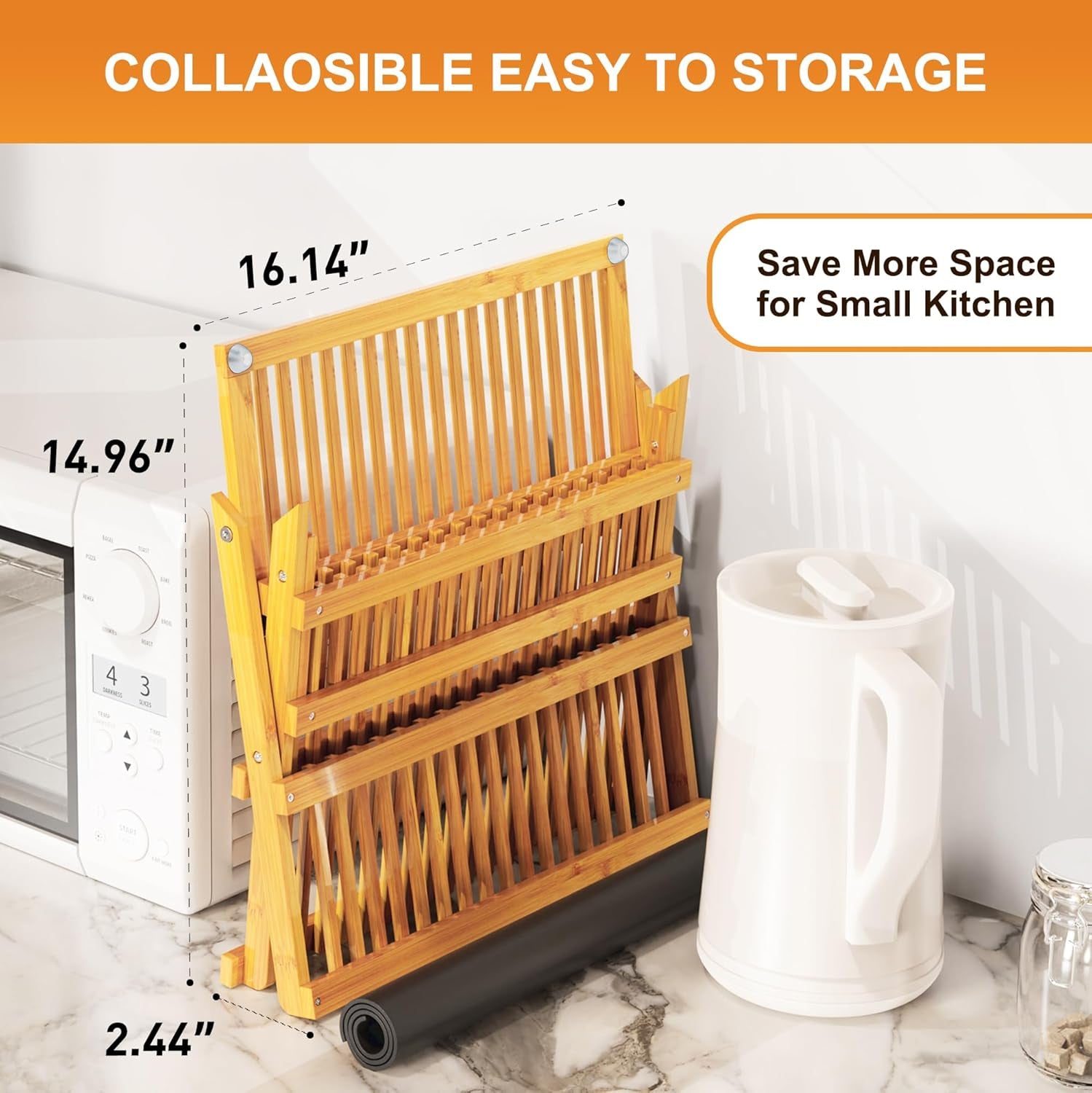 Bamboo Dish Drying Rack with Utensil Holder, 3 Tier Collapsible Dish Rack, Wooden Dish Racks for Kitchen Counter, Large Folding Drying Holder with Absorbent Dish Drying Mat