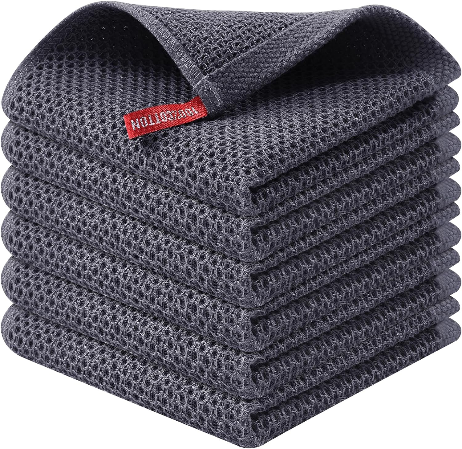 100% Cotton Kitchen Dish Cloths, 6 Pack Waffle Weave Ultra Soft Absorbent Dish Towels for Drying Dishes Quick Drying Kitchen Towels Dish Rags, 12 X 12 Inches, Dark Grey