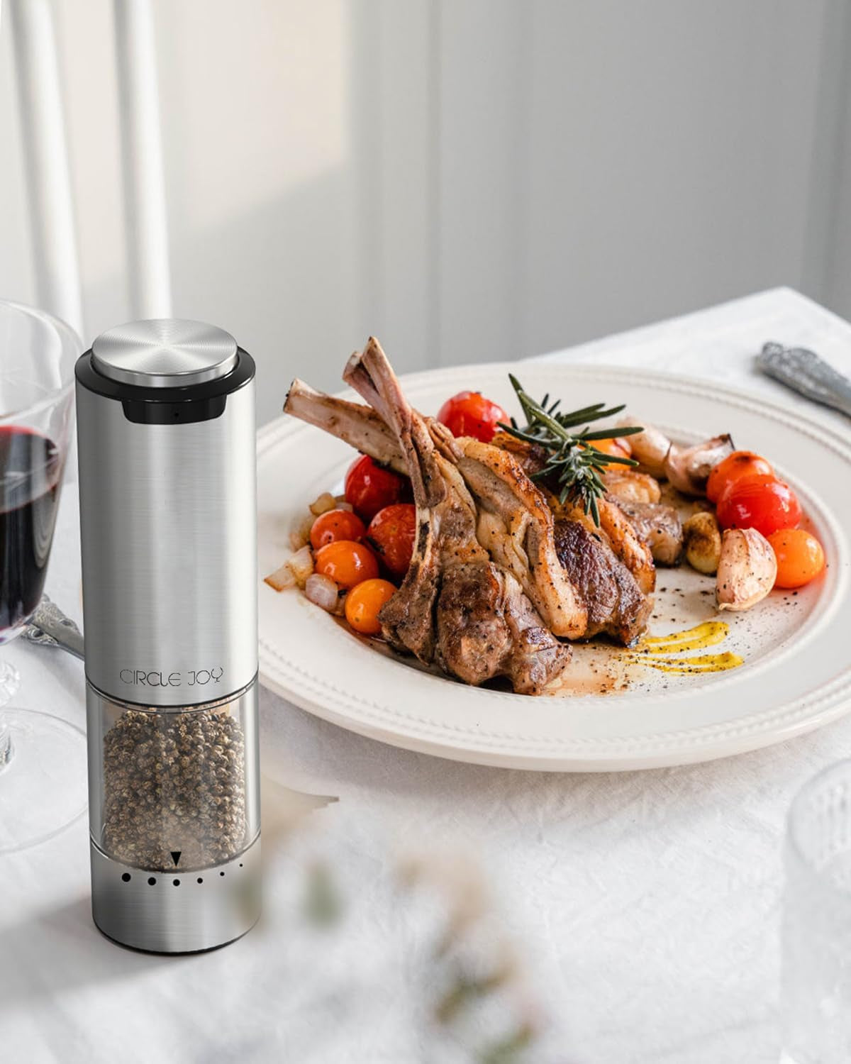 Electric Pepper Grinder Stainless Steel Rechargeable Pepper Mill with External Adjustable Coarseness, 95Ml Container and White LED Light, Silver