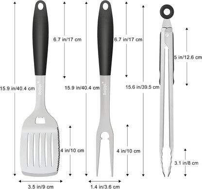 Stainless Steel BBQ Grill Tools Set, BBQ Grill Accessories for Outdoor Grill with Metal Spatula, Fork, and Tongs, Grilling Tools with Full Tang Silicone Handle, Barbecue Grill Cooking Utensils