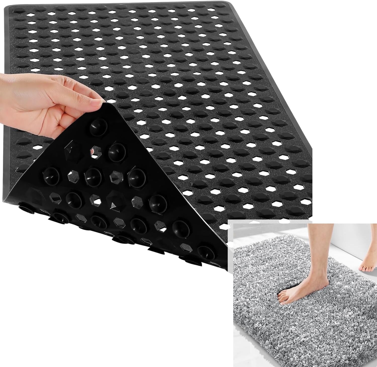 Bath Mat Set Non Slip, Machine Washable Water Absorbent, Ultra Soft Plush Microfiber, Drain Holes Suction Cups, Bathroom Essentials for Tub Shower Floor