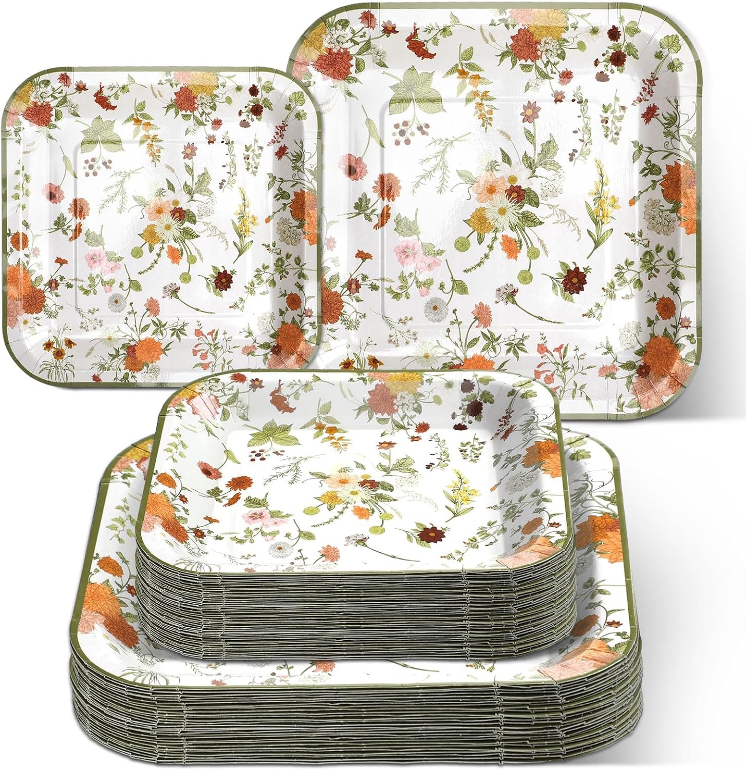 100-Piece Floral Disposable Paper Plate Set - 9'' Dinner Plates and 7'' Square Dessert Plates for Weddings, Birthdays, Baby Showers, and Parties (Green, Pastel Wildflower)
