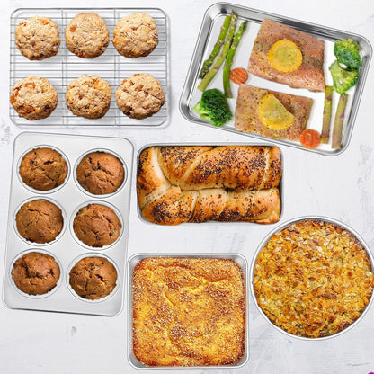 6-Piece Small Toaster Oven Pan Set, Stainless Steel Bakeware Set, Toaster Oven Tray with Rack, Square/Round Cake Pan, Loaf Pan & Muffin Pan, Non Toxic & Easy Clean