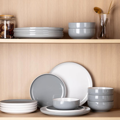 12-Piece Modern White Ceramic Dinnerware Set for 4, Scratch-Resistant Plates and Bowls, Oven Safe, Microwave and Dishwasher Compatible