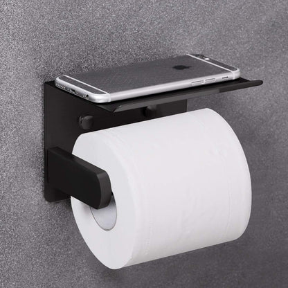Self Adhesive Toilet Paper Holder with Phone Shelf Stainless Steel Wall Mounted Toilet Paper Roll Holder - Rustproof and Bathroom Washroom Tissue Roll Holder with Shelf - Black
