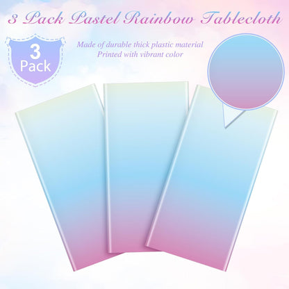 3 Pack Pastel Rainbow Plastic Tablecloth Party Decorations, Pastel Disposable Table Covers for Rectangle Tables, Rainbow Table Cloth for Birthday Baby Shower Wedding Party Supplies, 54X108Inch