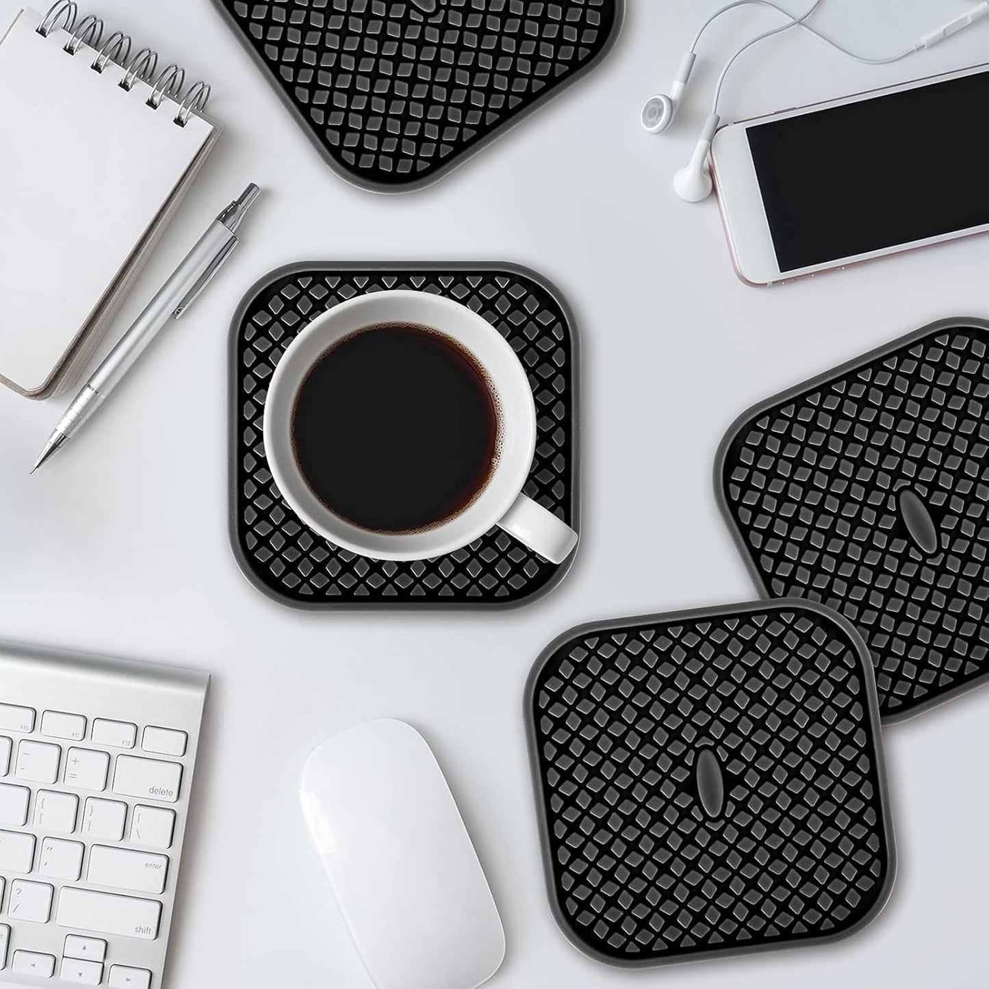 Silicone Coasters with Holder [6 Pack] Square Drink Cup Mat - Non-Slip, Non-Stick, Stay Put, Deep Tray - Prevents Furniture and Tabletop Damages Black