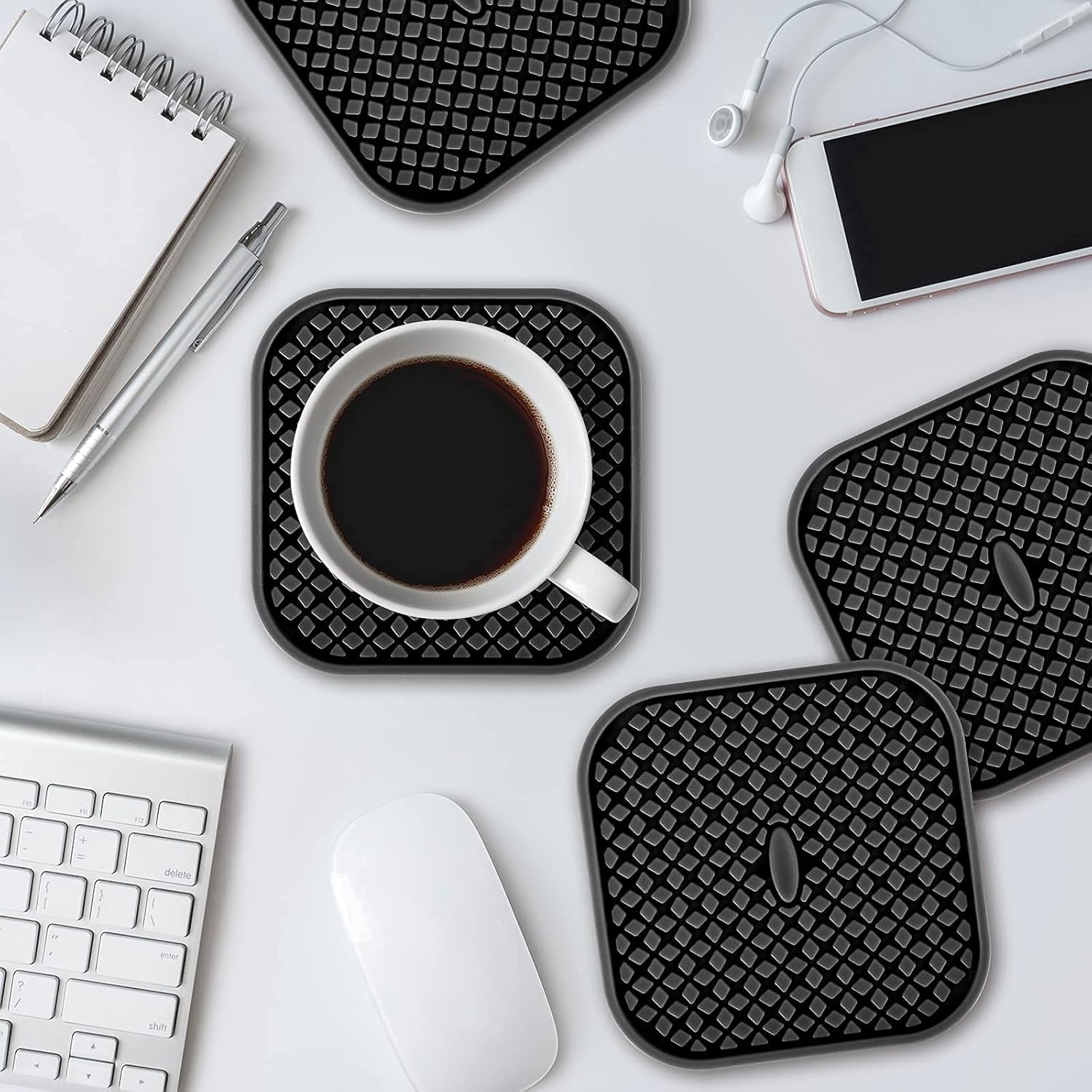 Silicone Coasters with Holder [6 Pack] Square Drink Cup Mat - Non-Slip, Non-Stick, Stay Put, Deep Tray - Prevents Furniture and Tabletop Damages Black