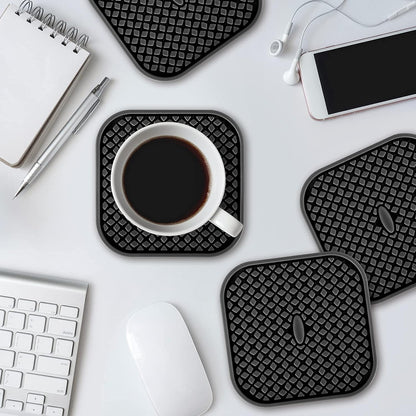 Silicone Coasters with Holder [6 Pack] Square Drink Cup Mat - Non-Slip, Non-Stick, Stay Put, Deep Tray - Prevents Furniture and Tabletop Damages Black