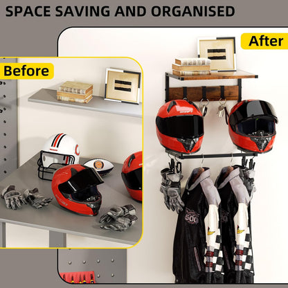 Motorcycle Helmet Holder Wall Mount, Helmet Rack with 2 Hat Stands, Helmet Stand for Display Wall Mount, Motorcycle Accessories Gear Storage for Men, Small