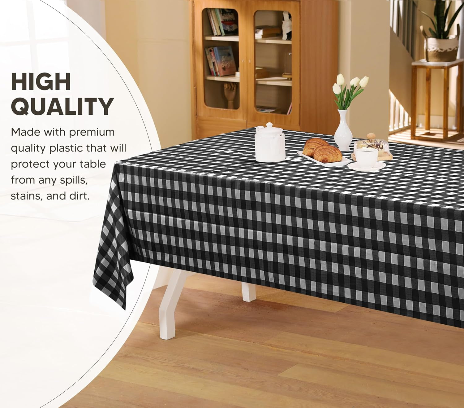 Plastic Table Cloth Disposable (12 Pack - 54X108 Inch) Black Check Rectangle Tablecloth Waterproof Stain Resistant Party Table Cover