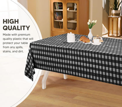 Plastic Table Cloth Disposable (12 Pack - 54X108 Inch) Black Check Rectangle Tablecloth Waterproof Stain Resistant Party Table Cover
