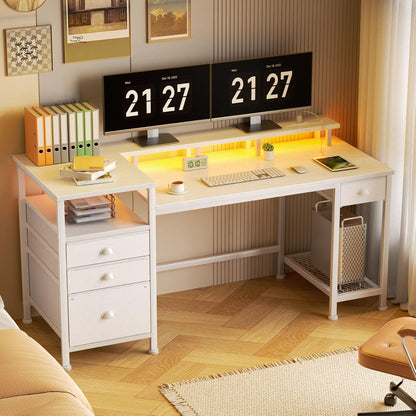 60" White Office Computer Desk with 4 Drawers,Gaming Desk with LED Lights and Power Outlets,Long Desk with Fabric File Cabinet,Study Writing Work Table with Shelf for Bedroom Home Office