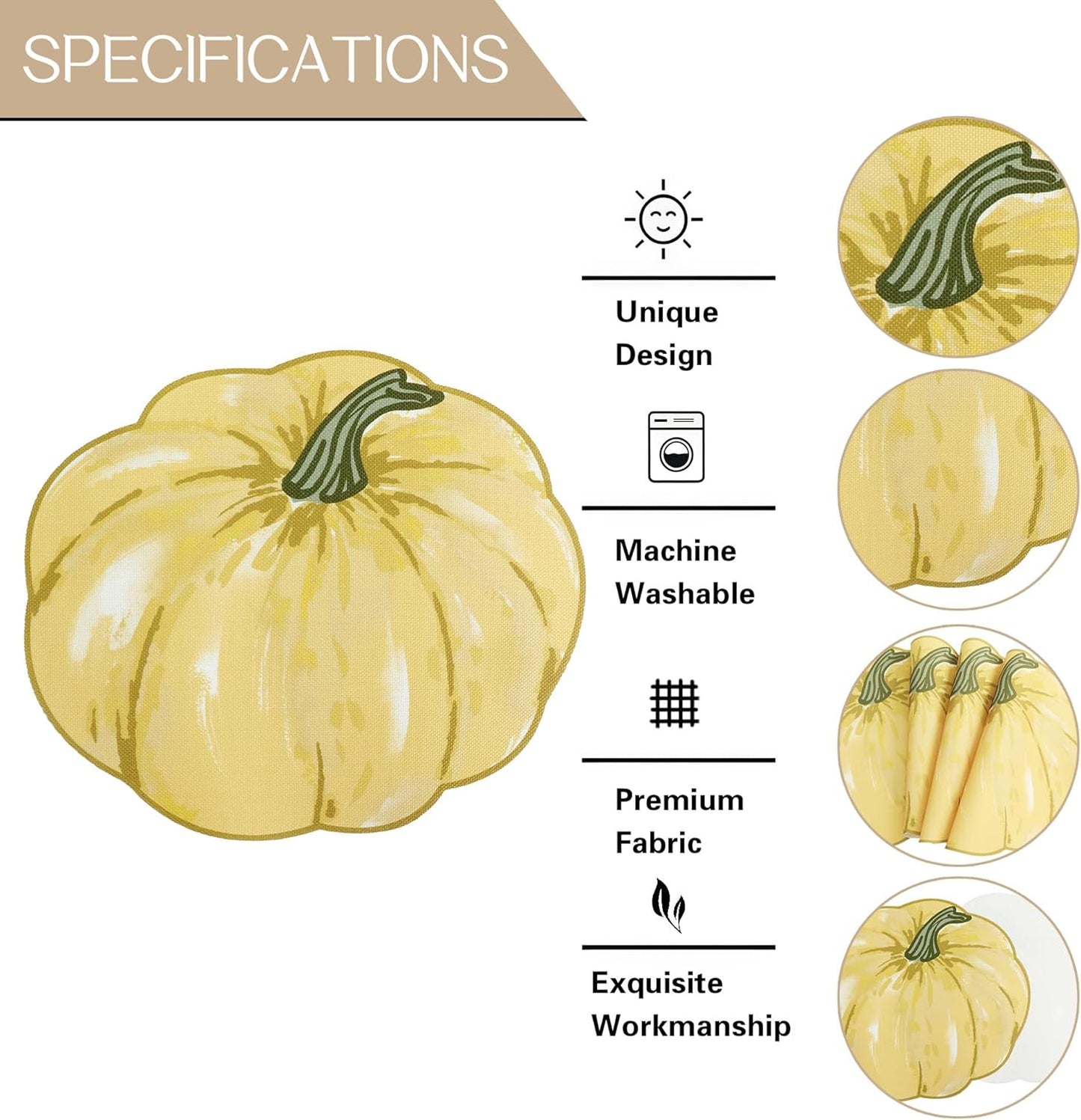 Fall Placemats Set of 4, Autumn Printed Pumpkin Textured Fabric Place Mats for Kitchen Dining Table,Thanksgiving Harvest Halloween Holiday Decor Placemat, Water-Proof, Washable, Each 13" X 15"