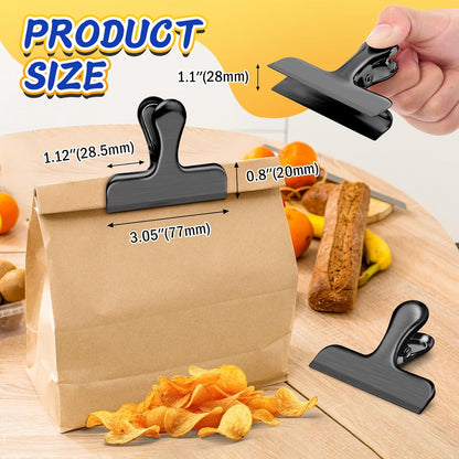 12-Pack Heavy-Duty Stainless Steel Bag Clips for Food Storage, 3-Inch Air-Tight Seal Clips for Kitchen and Office Use, Black