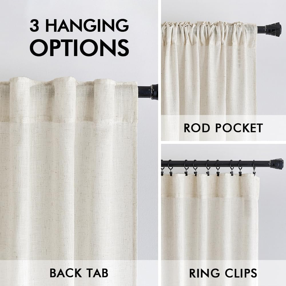 Ivory Cream Linen Back Tab Curtains 63 Inch Length 2 Panels Set, Semi Sheer Light Filtering Privacy Drapes for Modern Farmhouse Living Room Bedroom, Neutral Textured Pinch Pleated Look Window Curtains