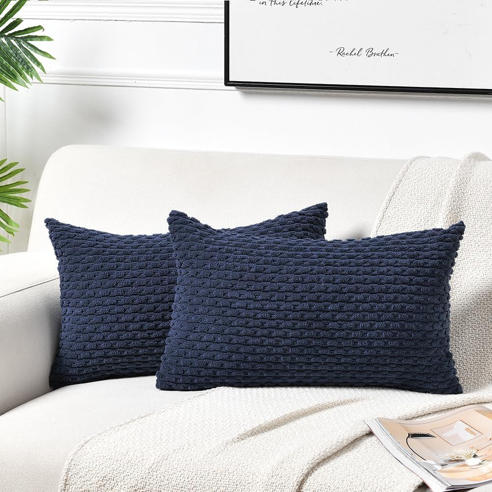2 Packs Navy Blue Decorative Throw Pillow Covers 12X20 Inch for Couch Bed Sofa, Modern Farmhouse Boho Home Decor, Soft Cute Plush Corduroy Cushion Case 30X50 CM