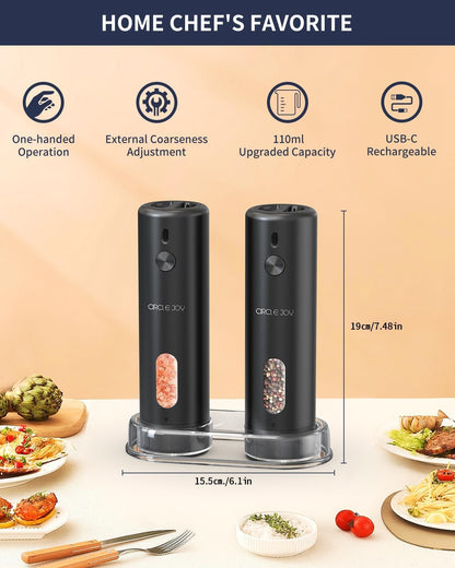 Rechargeable Electric Salt and Pepper Grinder Set with Base, Automatic Pepper Mills with 110Ml Container, External Adjustable Coarseness, White Led Light and One-Handed Operation, Black