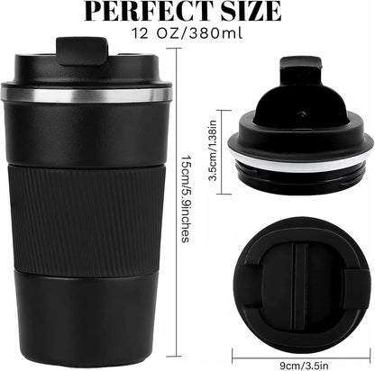 Insulated Travel Coffee Mug, Spill & Leak Proof, Portable to Go Camping Stainless Steel Coffee Tumbler, Reusable Thermal Coffee Cup with Lid for Hot & Cold Drinks (Black, 12 OZ)