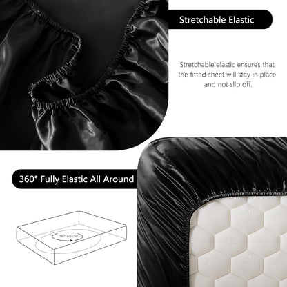 Satin Fitted Sheet Queen Size, Black Silky Satin Bed Fitted Sheet Only with Microfiber, Deep Pocket, Single Bottom Sheet Sold Separately, Breathable, Smooth and Soft