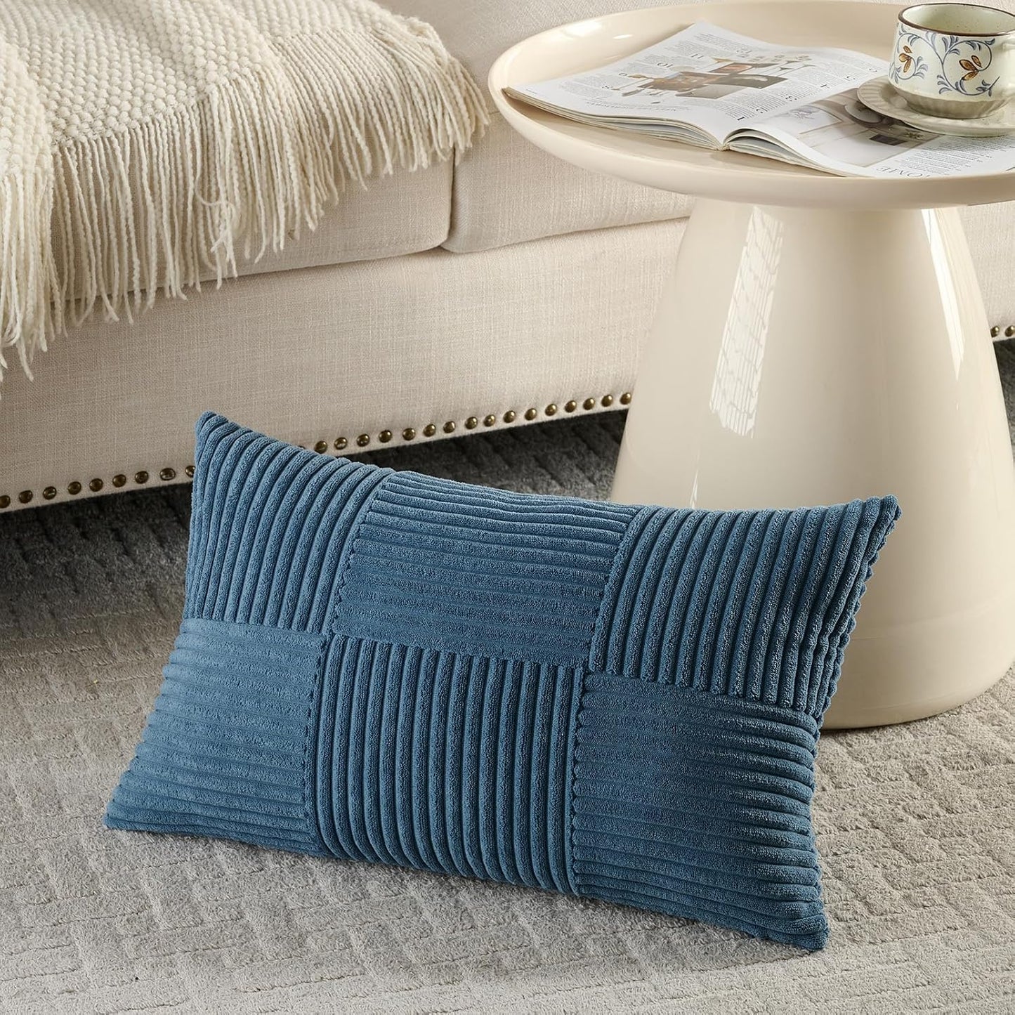 Set of 2 Dusty Blue Lumbar Boho Decorative Throw Pillow Covers 12X20 Inch for Living Room Bedroom Couch, Modern Farmhouse Home Decor, Soft Striped Patchwork Plaid Corduroy Cushion Case