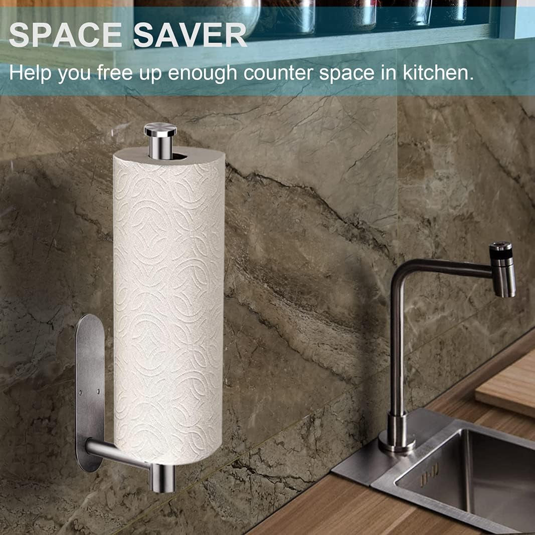 Under-Cabinet Stainless Steel Paper Towel Holder - 2 Pack Wall Mount for Kitchen, Bathroom, and RV with Self-Adhesive and Screw Installation (Silver)