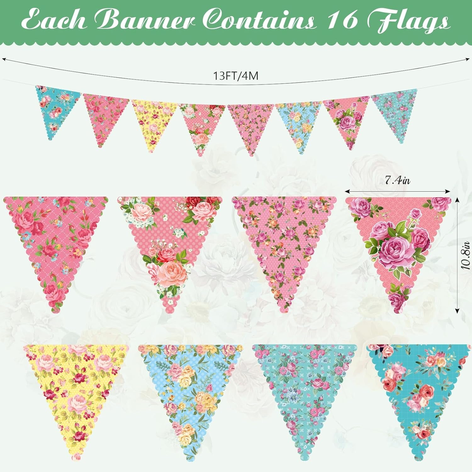 98-Piece Floral Tea Party Decoration Set: 26 Ft Bunting, 6.5 Oz Disposable Coffee Cups with Handles and Saucers, Ideal for Weddings and Birthdays (Classic)