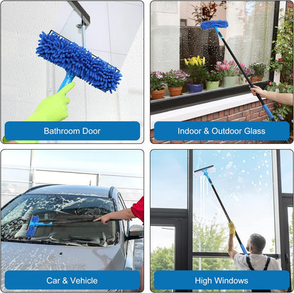 Professional 69'' Window Squeegee Cleaner Tool with Extension Pole, 2-In-1 Squeegee for Window Cleaning Kit with Scrubber and Rotating Head, 1 Blade 2 Scrubber