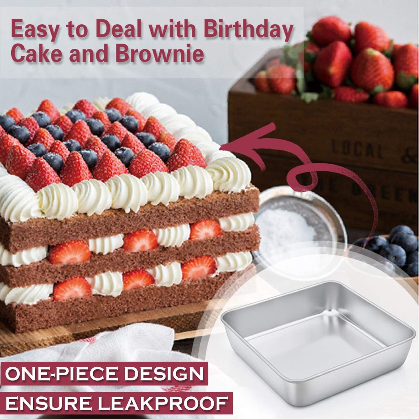 8 Inch Square Baking Pan Set of 4, Square Cake Pans, Stainless Steel Deep Bakeware for Lasagna Bread Brownie, 8”×8”×2”, Leakproof & Heavy Duty, Easy Release & Dishwasher Safe