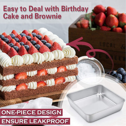 8 Inch Square Baking Pan Set of 4, Square Cake Pans, Stainless Steel Deep Bakeware for Lasagna Bread Brownie, 8”×8”×2”, Leakproof & Heavy Duty, Easy Release & Dishwasher Safe