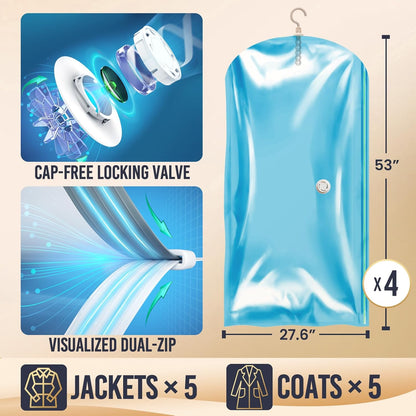 Hanging Vacuum Storage Sealer Space Saver Bags for Clothes, Coat, Closet Organizers, 4 Pack (2 Long, 2 Short) Blue