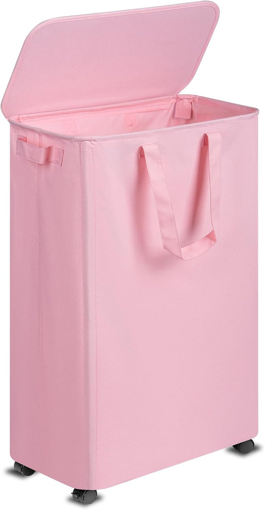 Slim Laundry Hamper with Lid and Wheels, Small Rolling Laundry Basket with Handle for Small Spaces, Tall Dirty Clothes Hampers for Dorm, Bathroom and Bedroom, 75L, Pink