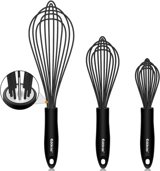 Silicone Whisk,  Stainless Steel & Silicone Non-Stick Coated Whisks Set of 3-Heat Resistant Kitchen Whisks, Balloon Egg Beater Perfect for Blending, Whisking, Beating & Stirring, Black