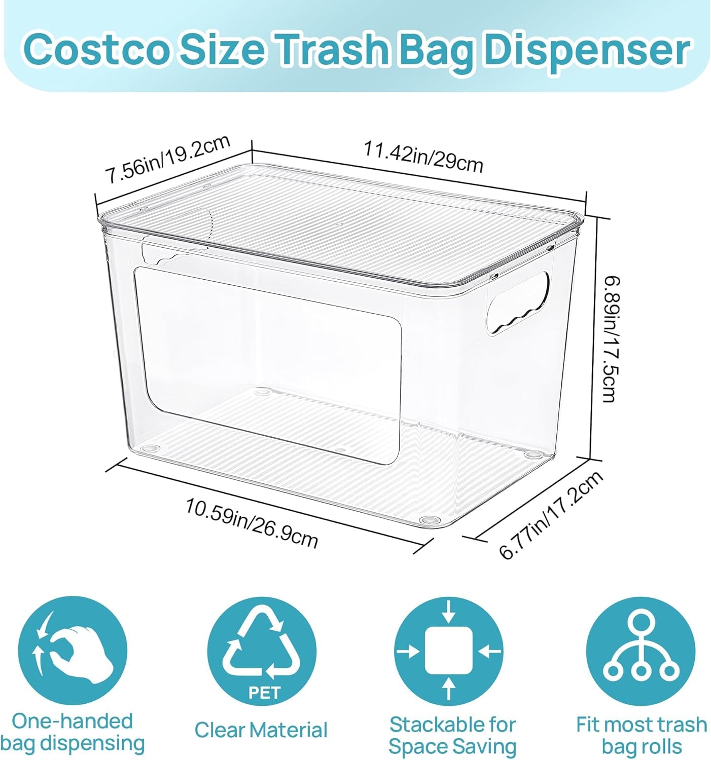 1 Pack Trash Bag Holder, Stackable Garbage Bag Dispenser for 13/30/33 Gallon Bags, Clear Organizer Bins for under Kitchen Sink, Laundry Room Organization and Storage