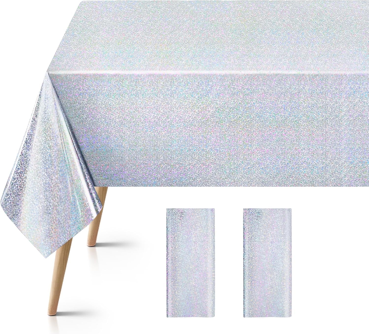 Set of 2 Silver Holographic Foil Tablecloths - 54x72 Durable Table Covers for Elegant Celebrations, Perfect for Parties, Weddings, and Showers