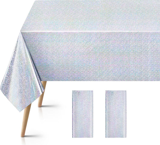Set of 2 Silver Holographic Foil Tablecloths - 54x72 Durable Table Covers for Elegant Celebrations, Perfect for Parties, Weddings, and Showers