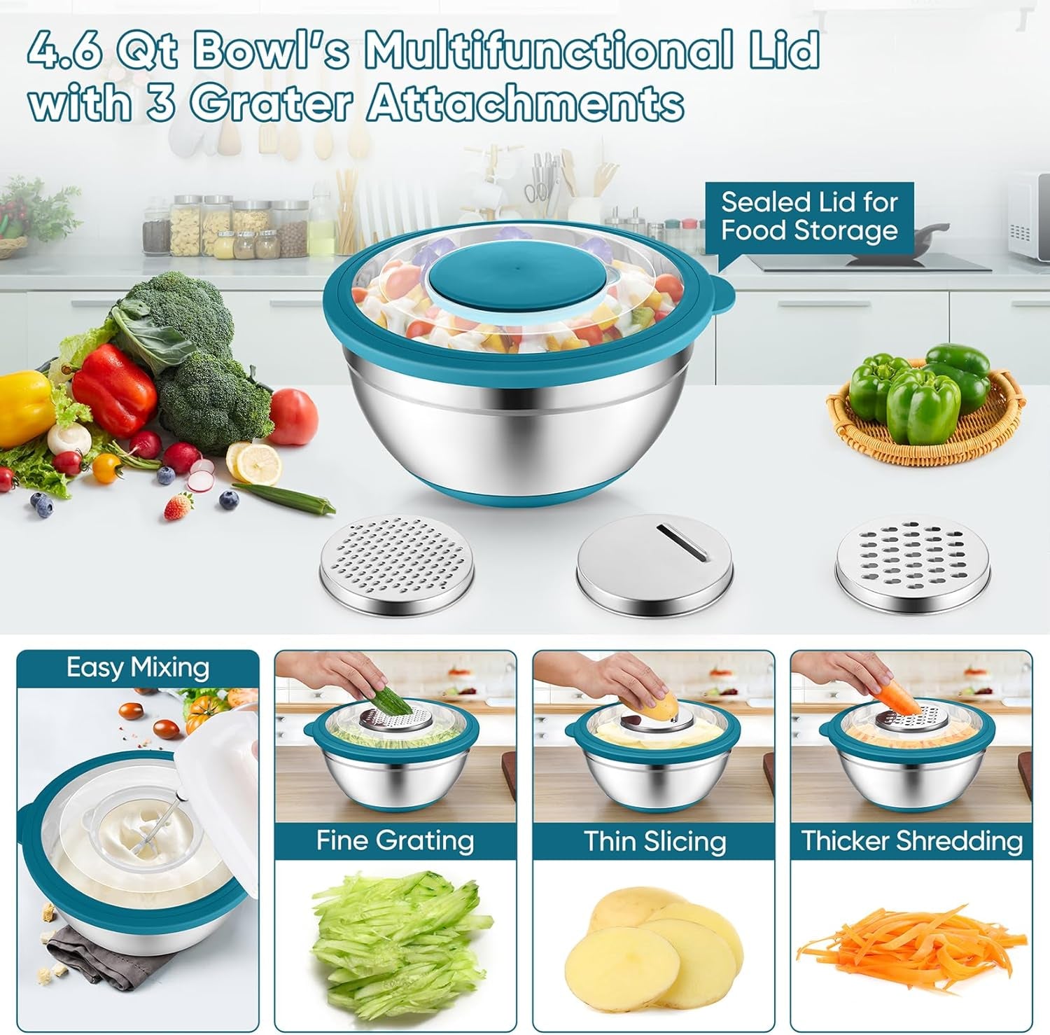 Mixing Bowls with Lids Set of 3, Stainless Steel Mixing Bowl and Colander for Kitchen, 3 Grater Attachments & Non-Slip Bottoms, Visible & Airtight Lid, Blue