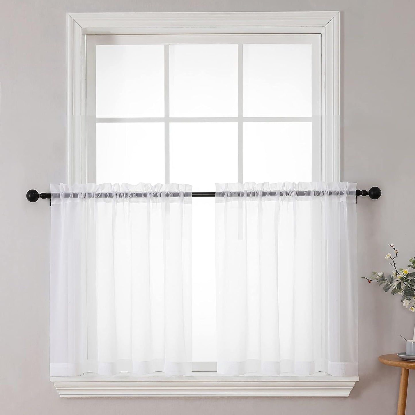 Sheer White Tier Curtains 24 Inch Length Set, Small Window Curtains Treatment for Bathroom/Living Room/Cafe/Basement, Short Voile Curtain Tiers 42In X 24In, Rod Pocket, 2 PCS
