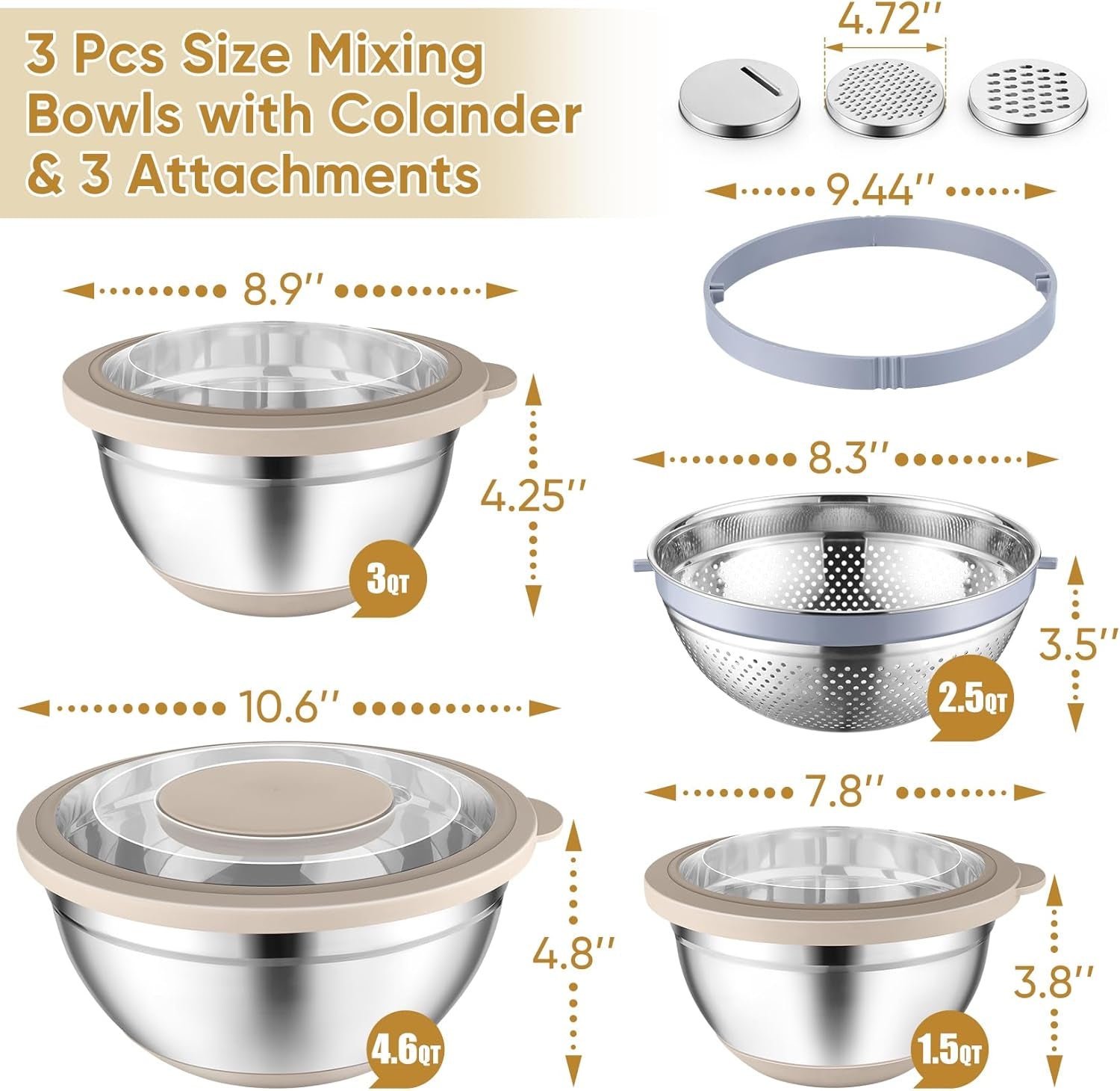 Mixing Bowls with Lids Set of 3, Stainless Steel Mixing Bowl and Colander for Kitchen, 3 Grater Attachments & Non-Slip Bottoms, Visible & Airtight Lid, Khaki