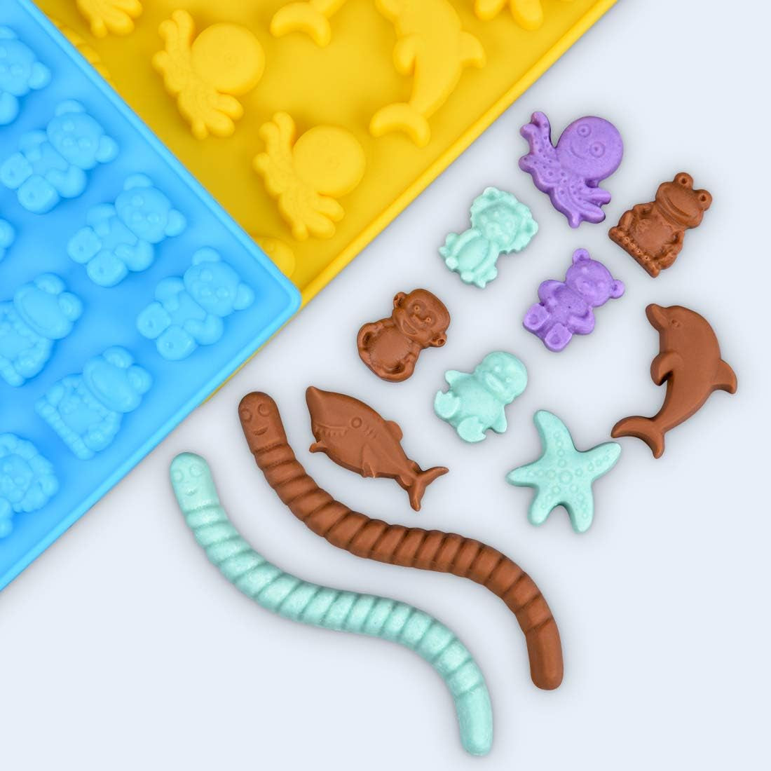 Gummy Bear Mold Candy Molds - Chocolate Molds Including Bears, Frogs, Lions, Monkeys, Penguins, Worms, Starfishs, Dolphins, Octopus, Sharks Sea Mold Set of 4 Silicone Molds