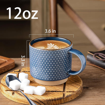 Stackable 12 OZ Ceramic Coffee Mugs Set of 4 with Textured Patterns, Dishwasher and Microwave Safe, Ideal for Lattes, Cappuccinos, and Cocoa