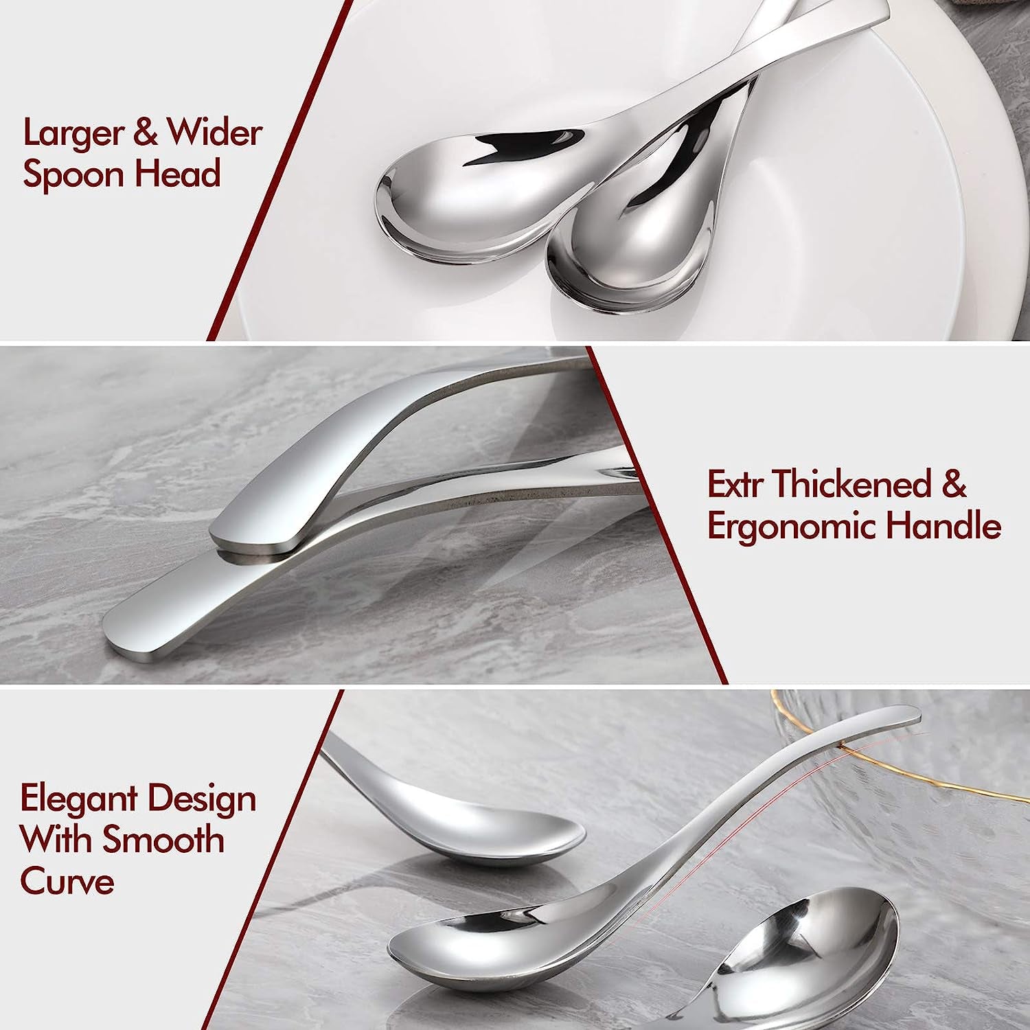 Thick Heavy-Weight Soup Spoons, High Grade Stainless Steel Soup Spoons, Set of 6