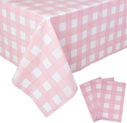 3 Packs Pink Gingham Tablecloth Pink and White Checkered Tablecloths 54 X 108 Inches Disposable Plastic Gingham Tablecovers Waterproof Rectangle Picnic Table Covers for Birthday Party Supplies
