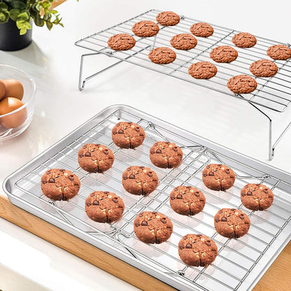 Baking Sheet and 2-Tier Cooling Racks Set,  Stainless Steel Baking Pan Tray with Stackable Cooking Wire Rack for Cookie Bacon Meat, Uncoated & Non-Toxic, Mirror Finish& Dishwasher Safe - 3Pcs