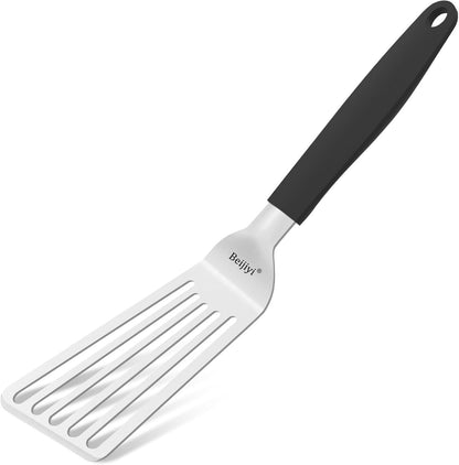 11.3" Fish Spatula, Stainless Steel Slotted Spatula for Cooking Flipping Fish, Egg, Burger, Metal Kitchen Turner for Cast Iron Skillet with Silicone Handle, 1.2Mm Thickened Blade