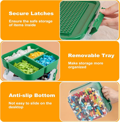 Plastic Storage Container with Brick Baseplate Lid for Building Blocks, Compartmentalized Organizer Tray, Stackable Storage Box for Building Block Collection (Green)