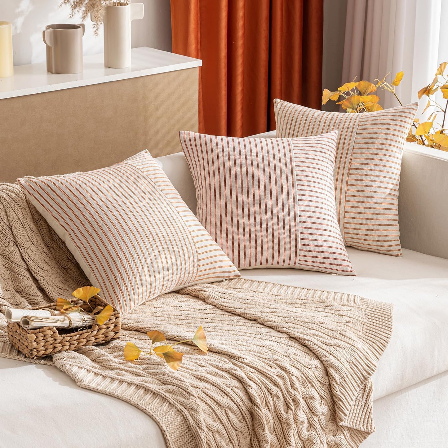 Fall Rust and Beige Patchwork Farmhouse Pillow Covers 18X18 Inch, Pack of 2 Striped Linen Decorative Modern Accent Pillow Cases for Sofa Couch Bedroom