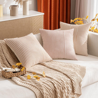 Fall Rust and Beige Patchwork Farmhouse Pillow Covers 18X18 Inch, Pack of 2 Striped Linen Decorative Modern Accent Pillow Cases for Sofa Couch Bedroom